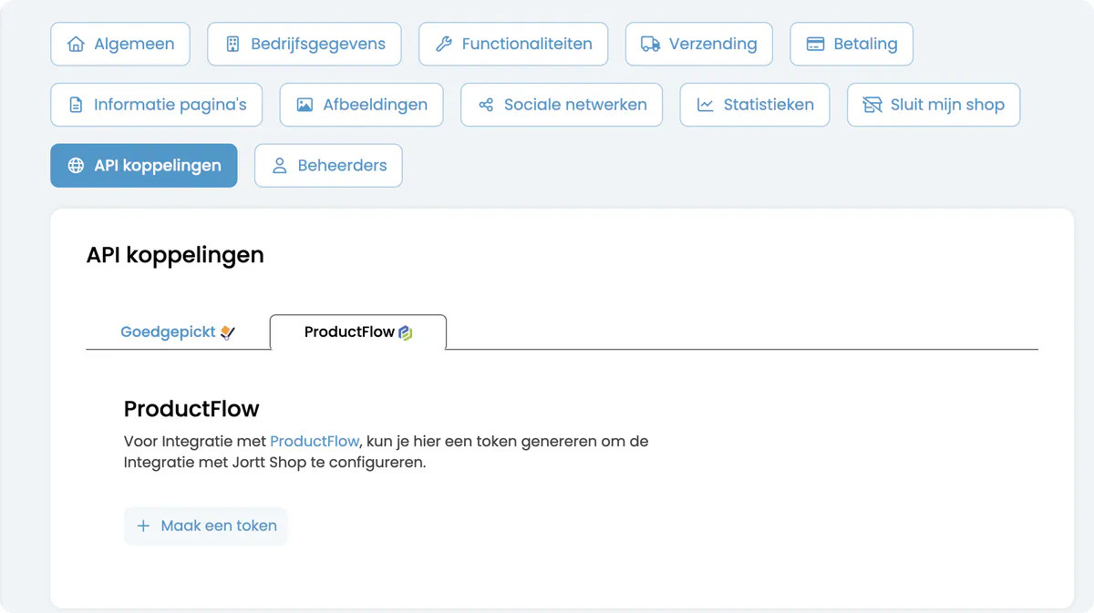 Het tabblad ProductFlow onder Instellingen > API koppelingen, met de knop Maak een token