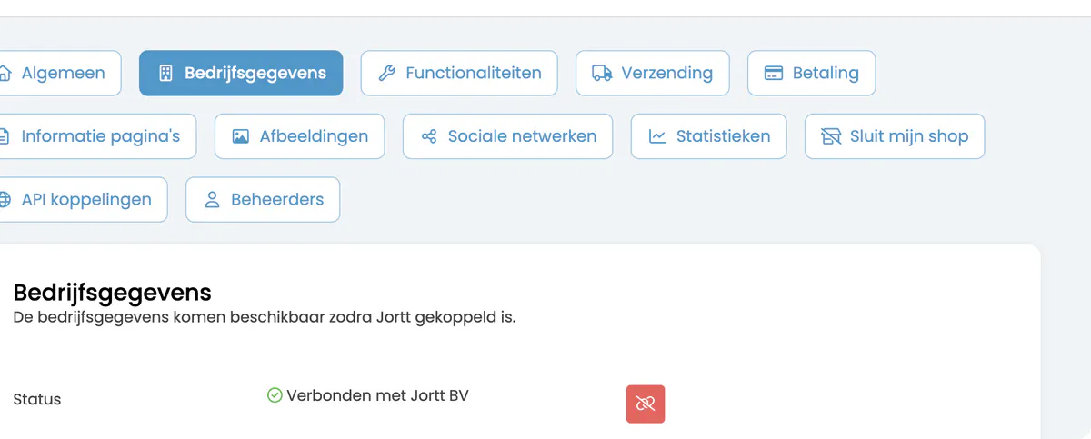 De status Verbonden met Jortt BV bij Instellingen, Bedrijfsgegevens