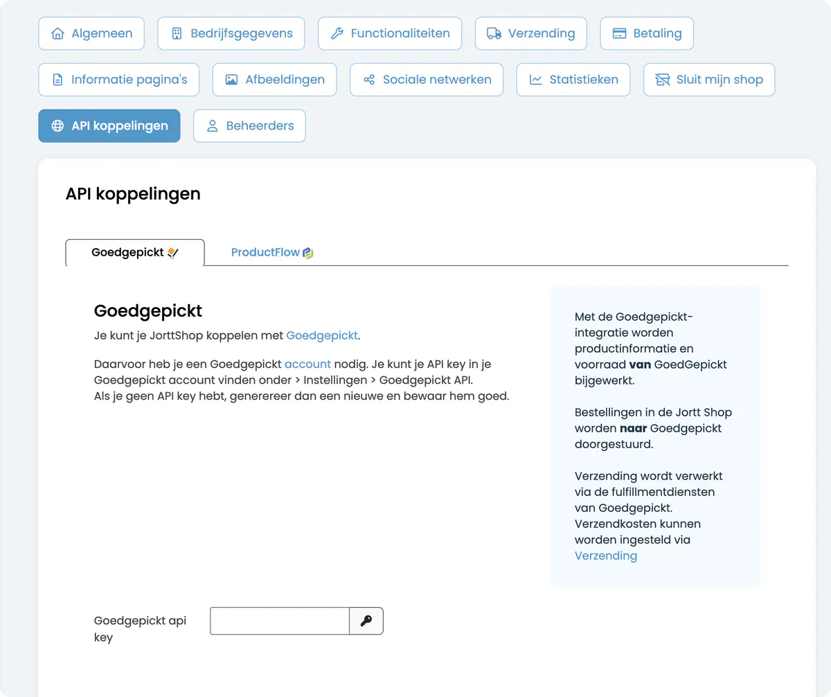 Het tabblad Goedgepickt onder Instellingen > API koppelingen, met het veld voor de API-sleutel