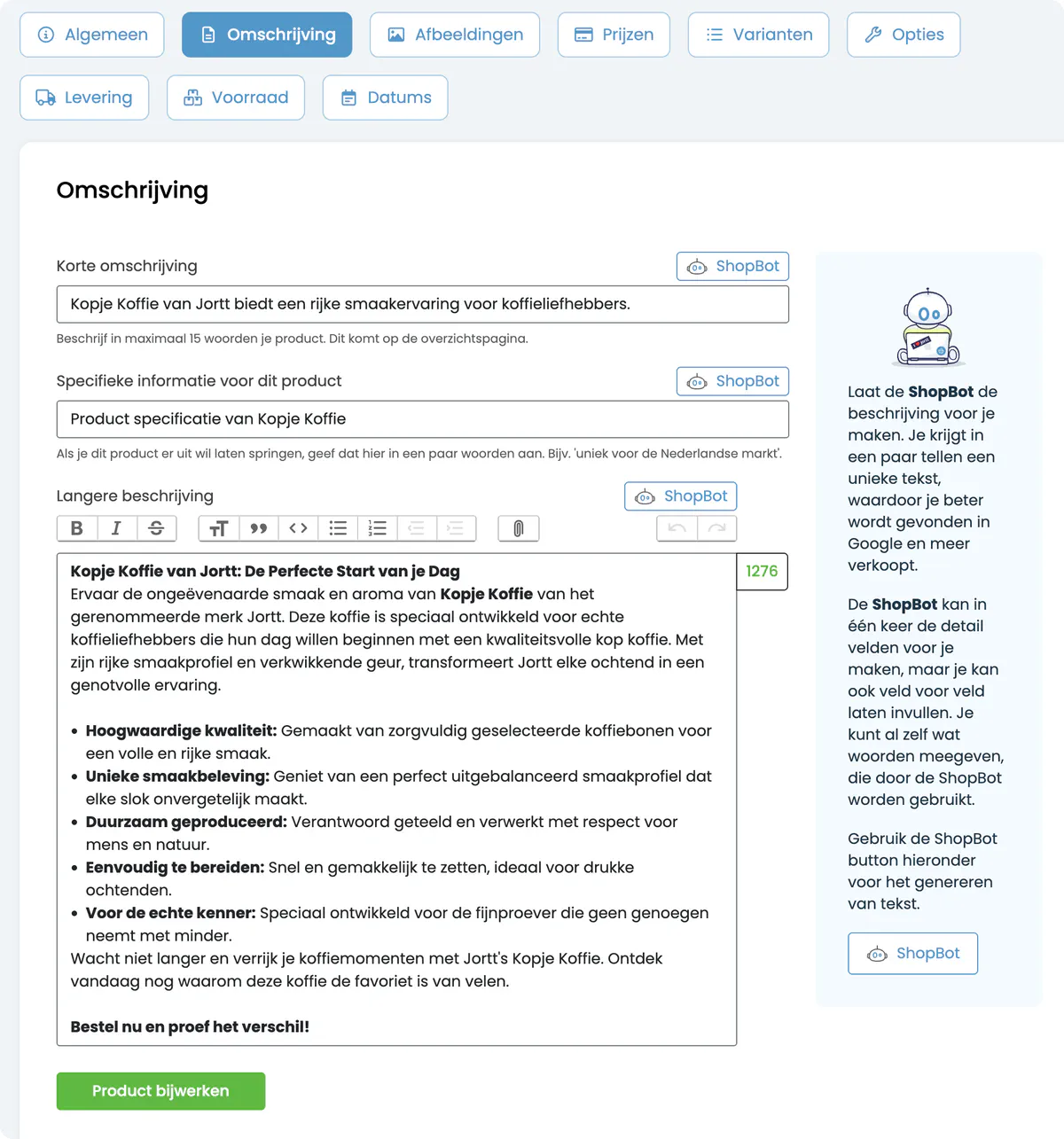 Het tabblad Omschrijving met een ShopBot-knop naast elk veld en het hulppaneel rechts